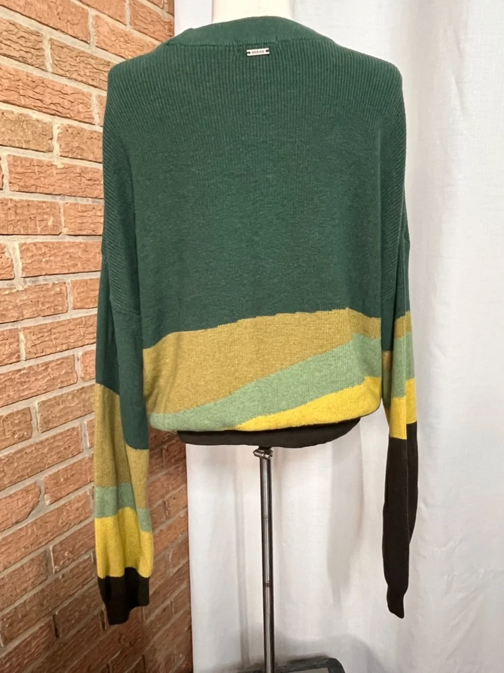 prAna Colorblock Sweater XL Green Yellow Oversized Knit Boho Casual